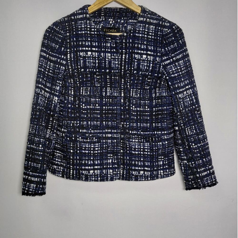 ESCADA label Babak Cotton Blend Blue Plaid Tweed Jacket Size 34